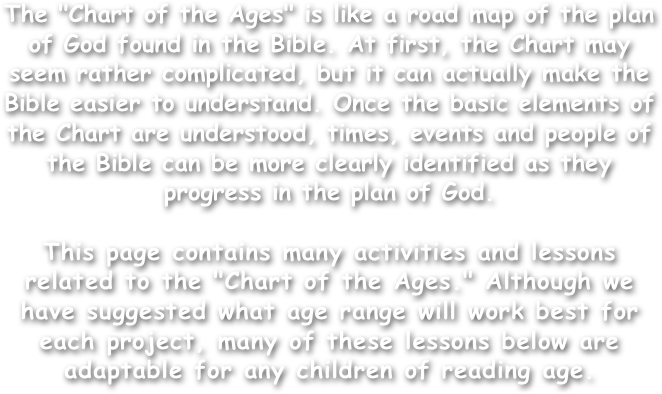 The "Chart of the Ages" is like a road map of the plan of God found in the Bible. At first, the Chart may seem rather complicated, but it can actually make the Bible easier to understand. Once the basic elements of the Chart are understood, times, events and people of the Bible can be more clearly identified as they progress in the plan of God.

This page contains many activities and lessons related to the "Chart of the Ages." Although we have suggested what age range will work best for each project, many of these lessons below are adaptable for any children of reading age.