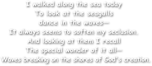 

I walked along the sea today 
To look at the seagulls
dance in the waves—
It always seems to soften my seclusion.
And looking at them I recall
The special wonder of it all—
  Waves breaking on the shores of God's creation.