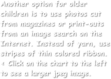Another option for older children is to use photos cut from magazines or print-outs from an image search on the Internet. Instead of yarn, use stripes of thin colored ribbon. < Click on the chart to the left to see a larger jpeg image.