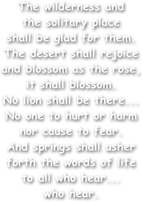 The wilderness and
the solitary place
shall be glad for them.
The desert shall rejoice and blossom as the rose, it shall blossom.
No lion shall be there...
No one to hurt or harm nor cause to fear.
And springs shall usher forth the words of life
to all who hear...
who hear.