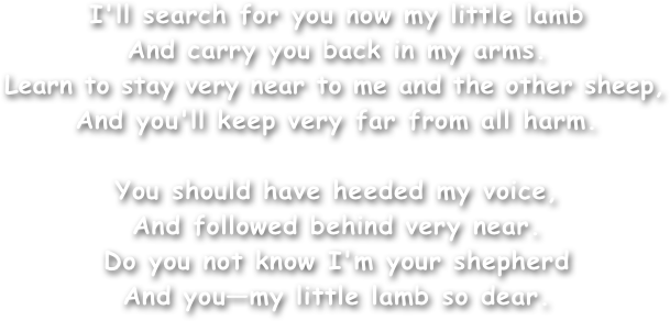 I'll search for you now my little lamb
And carry you back in my arms.
Learn to stay very near to me and the other sheep,
And you'll keep very far from all harm.

You should have heeded my voice,
And followed behind very near.
Do you not know I'm your shepherd
And you—my little lamb so dear.