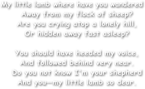
My little lamb where have you wandered
Away from my flock of sheep?
Are you crying atop a lonely hill,
Or hidden away fast asleep?

You should have heeded my voice,
And followed behind very near.
Do you not know I'm your shepherd
And you—my little lamb so dear.
