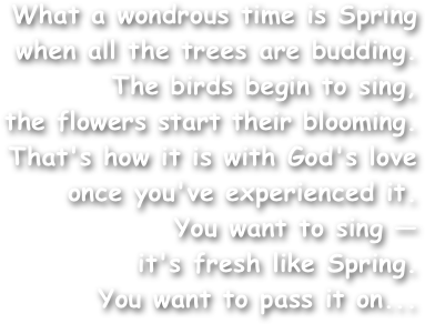 What a wondrous time is Spring
when all the trees are budding.
The birds begin to sing,
the flowers start their blooming.
That's how it is with God's love
once you've experienced it.
You want to sing —
it's fresh like Spring.
You want to pass it on...